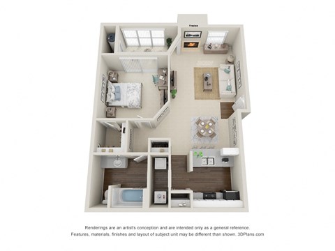 Floor plan for 1 bed, 1 bath, 862 sqft